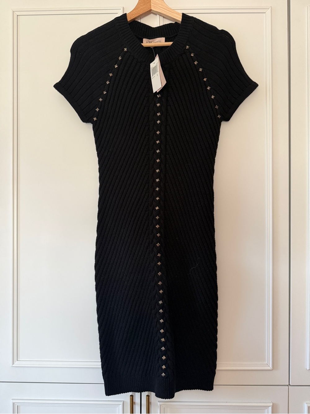 Philosophy Black Ribbed Knit Midi Dress with Stud Trim